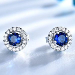 ROUND SAPPHIRE BLUE CUBIC ZIRCONIA EARRINGS